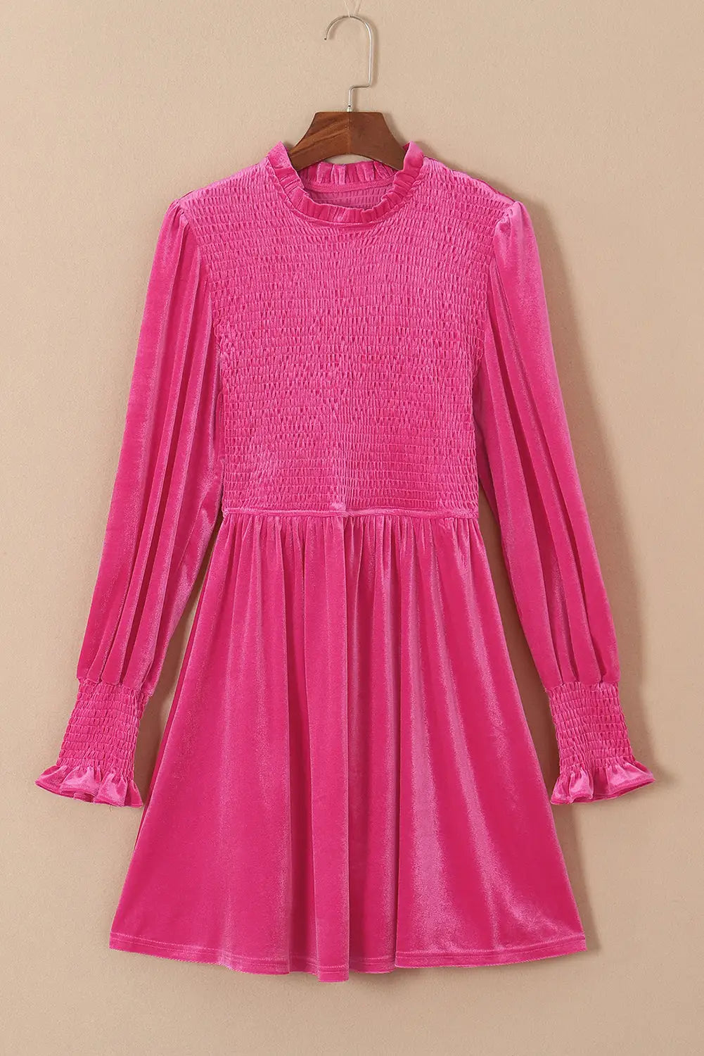 Rose frilled neck smocked bodice velvet dress - mini dresses