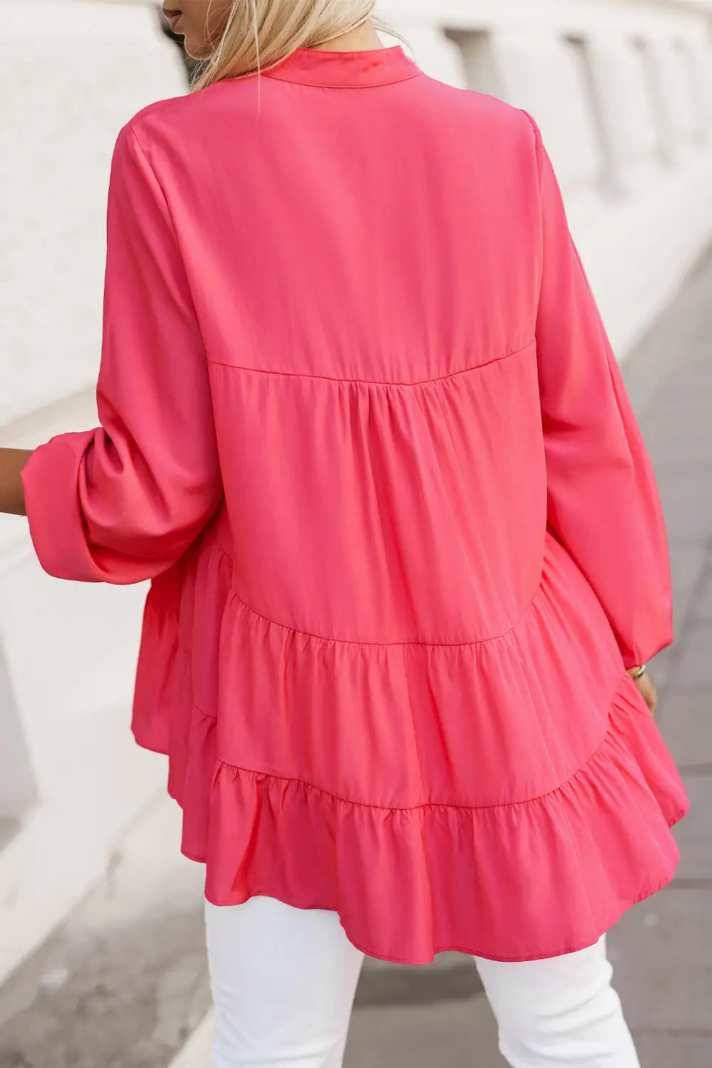 Rose half buttoned ruffle tiered long sleeve blouse - blouses & shirts