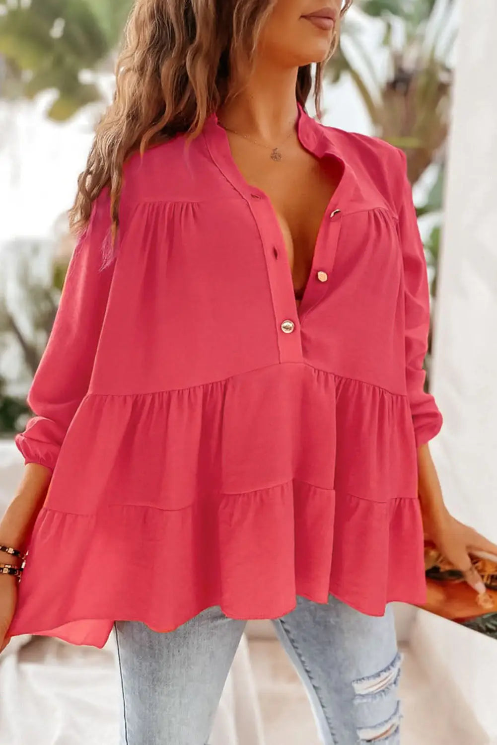 Rose half buttoned ruffle tiered long sleeve blouse - blouses & shirts