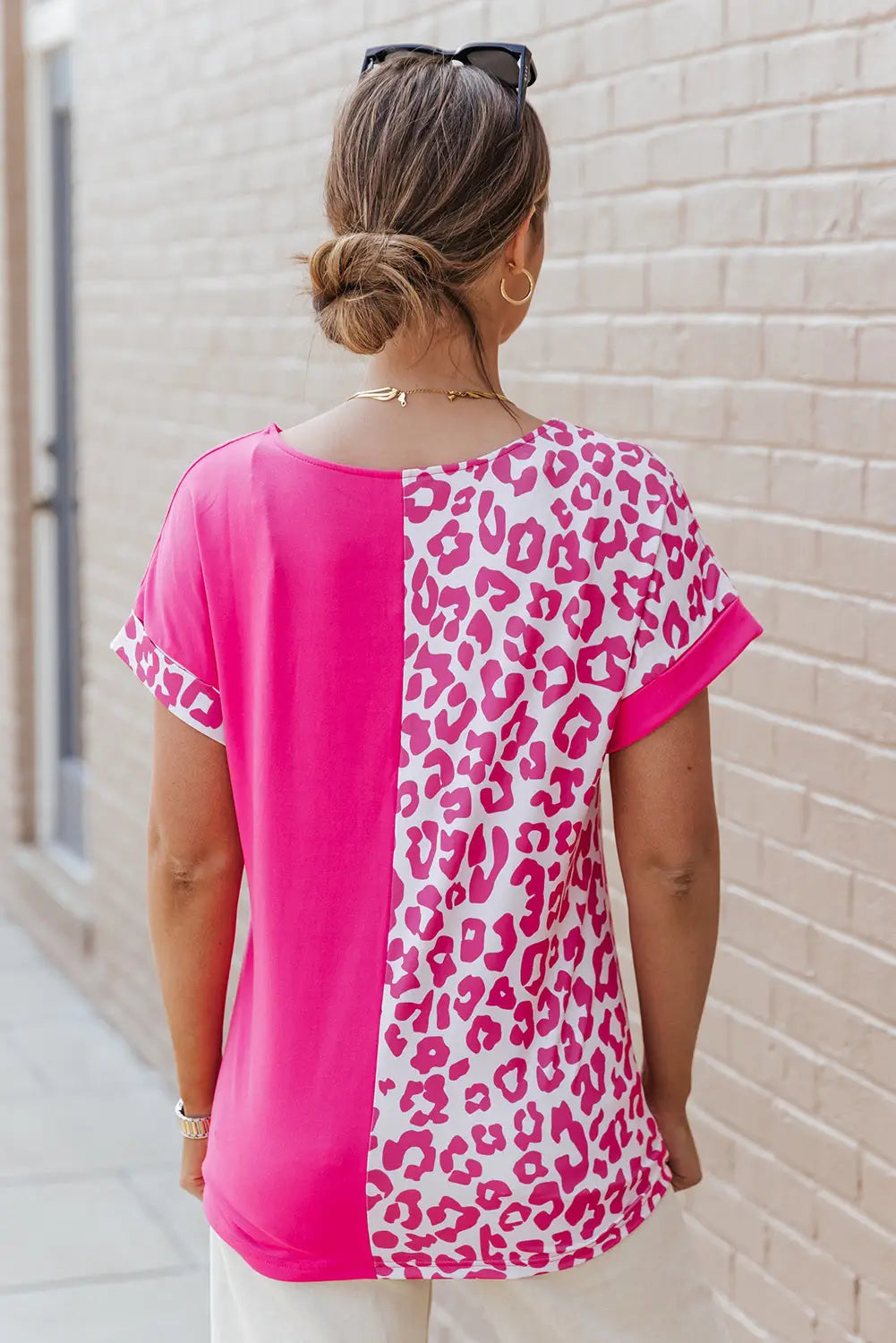Rose half leopard patchwork short sleeves top - t-shirts