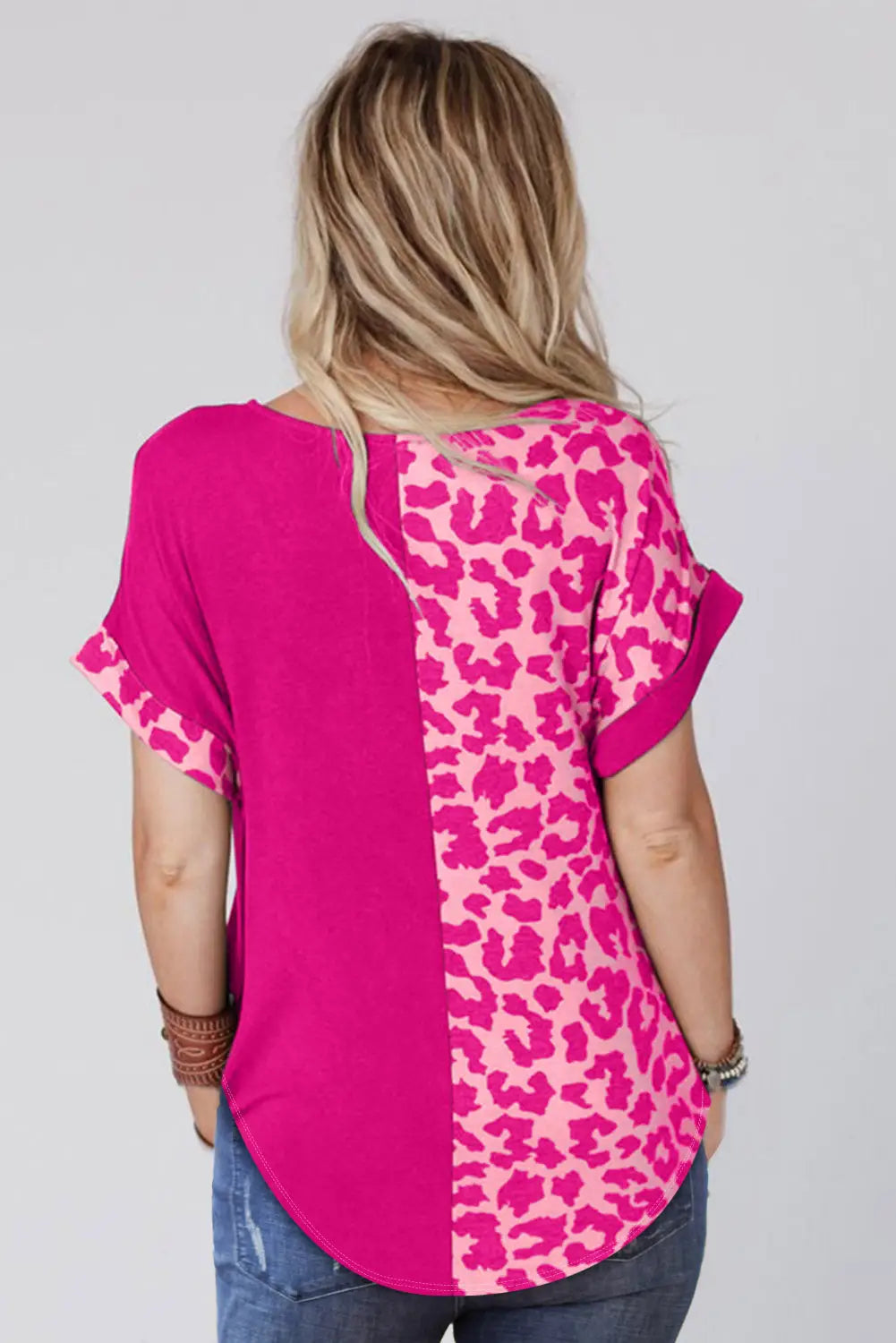 Rose half leopard patchwork short sleeves top - t-shirts