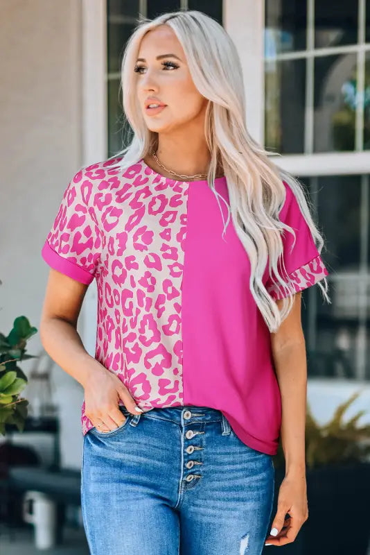 Rose half leopard patchwork top - t-shirts