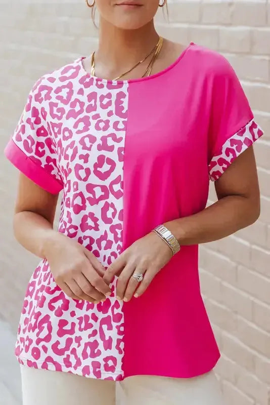 Rose Half Leopard Patchwork Top - Fashionfitz