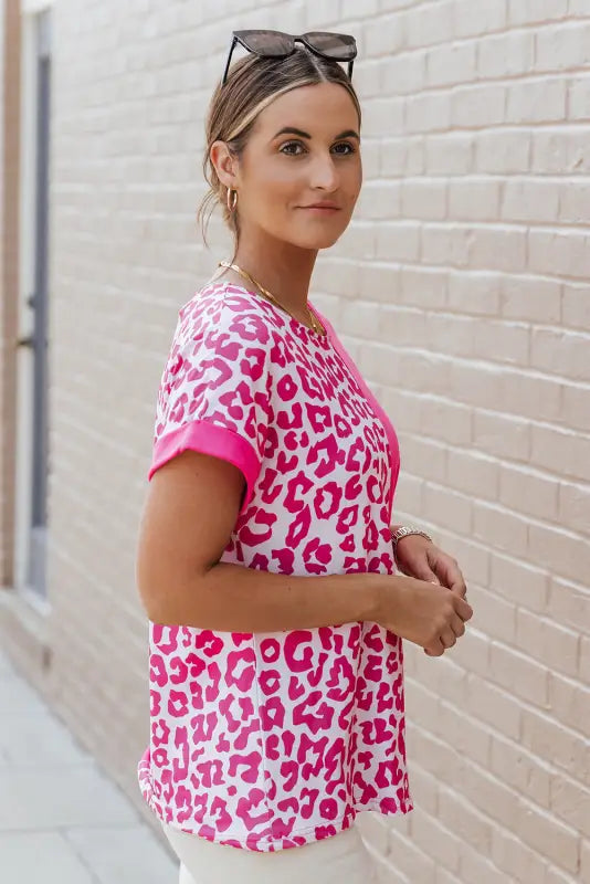 Rose half leopard patchwork top - t-shirts