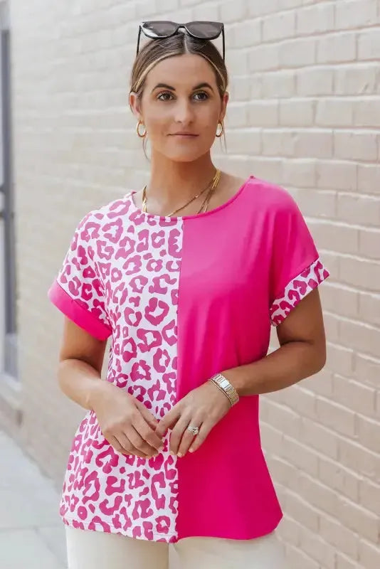 Rose Half Leopard Patchwork Top - Fashionfitz