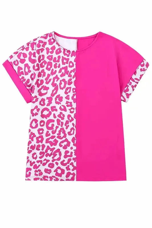 Rose Half Leopard Patchwork Top - Fashionfitz