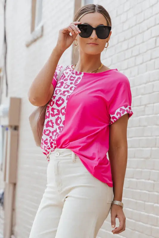 Rose half leopard patchwork top - t-shirts