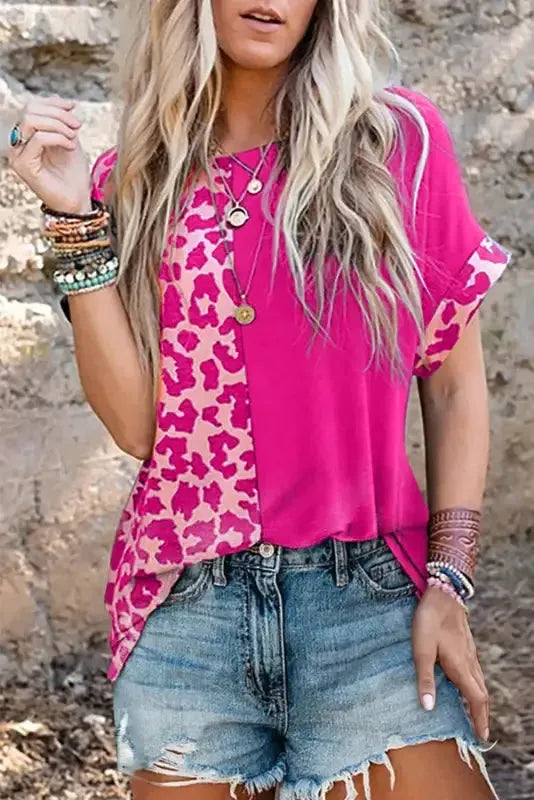 Rose Half Leopard Patchwork Top - Fashionfitz