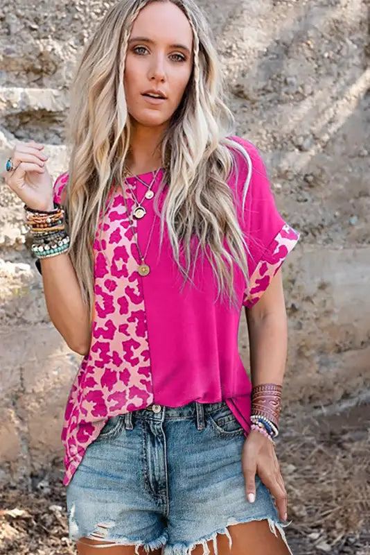 Rose half leopard patchwork top - t-shirts