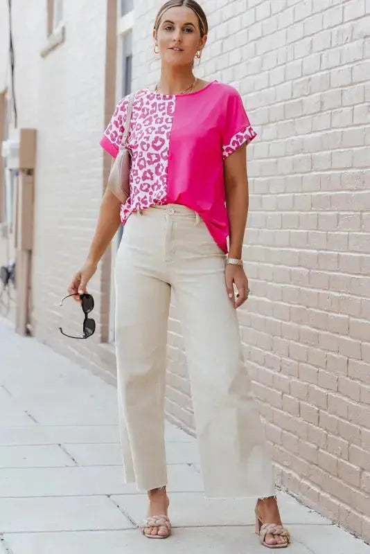 Rose Half Leopard Patchwork Top - Fashionfitz