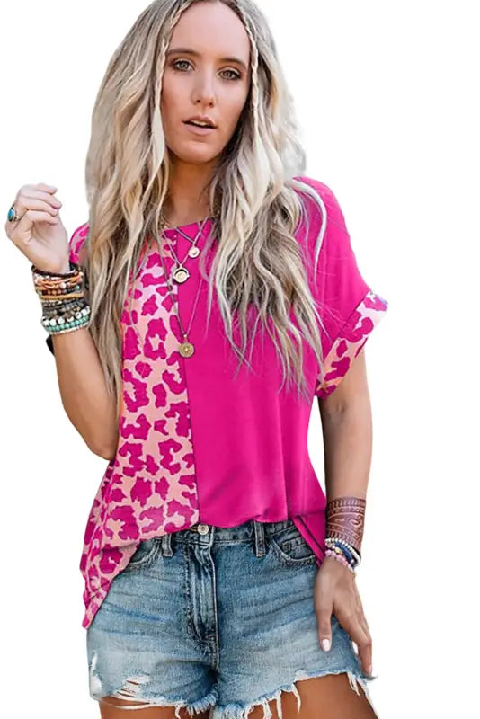 Rose half leopard patchwork top - t-shirts