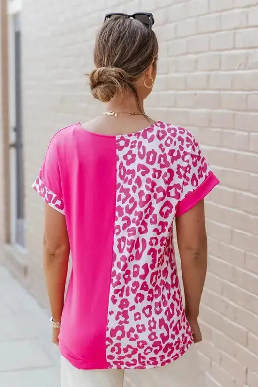 Rose Half Leopard Patchwork Top - Fashionfitz
