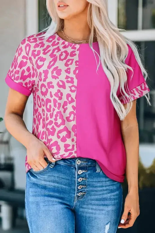 Rose Half Leopard Patchwork Top - Fashionfitz