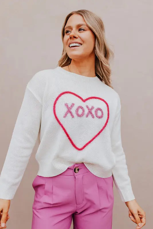 Rose heart xoxo pattern drop shoulder rib knit sweater - sweaters & cardigans