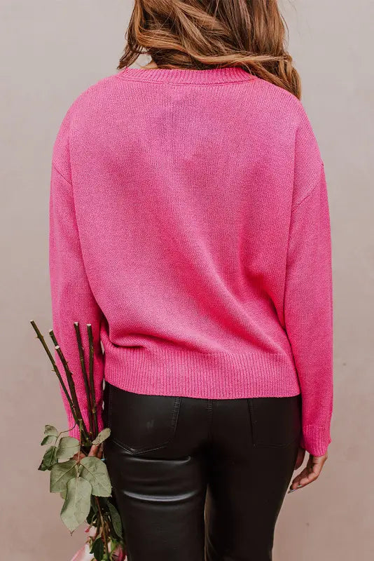 Rose heart xoxo pattern drop shoulder rib knit sweater - sweaters & cardigans