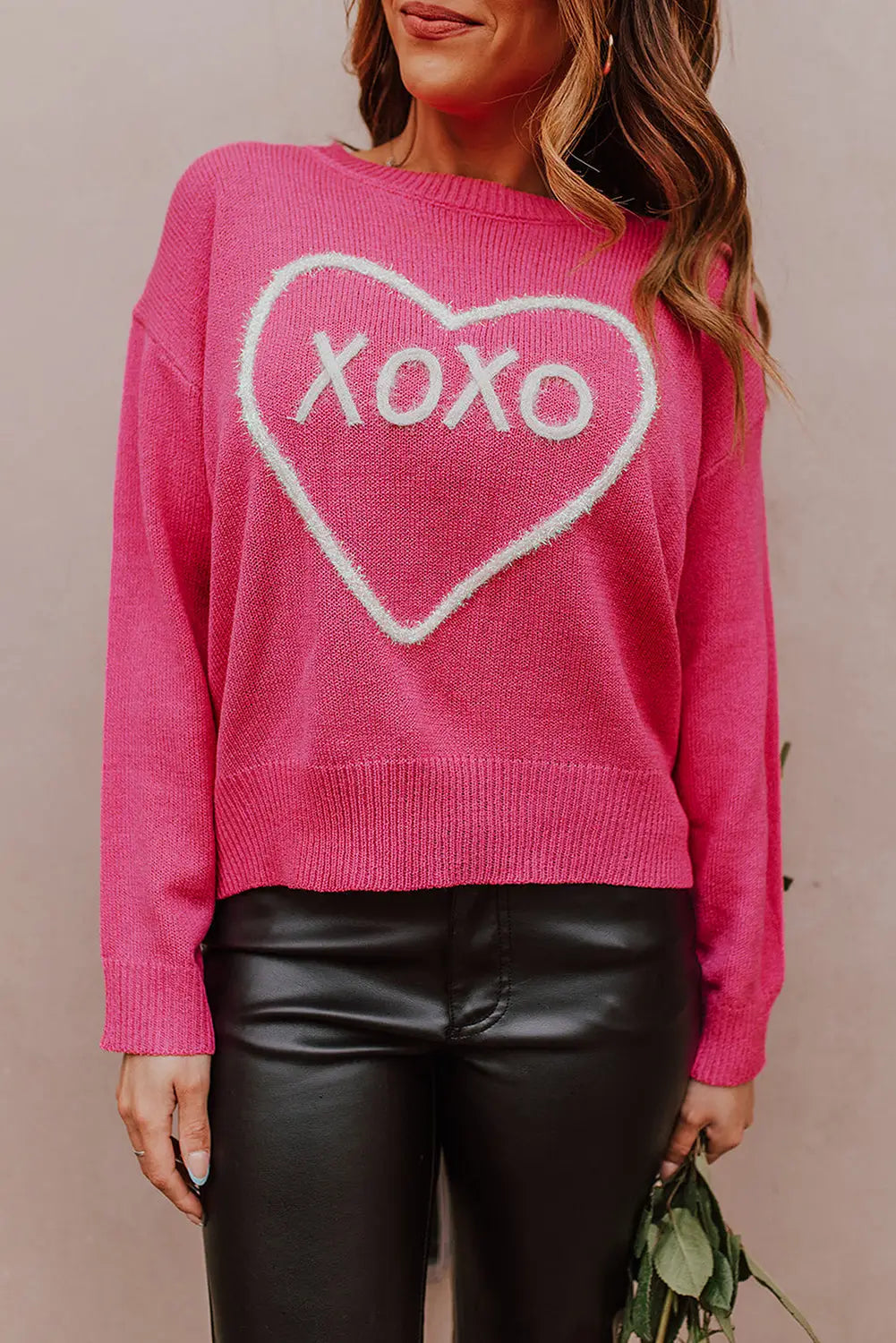 Rose heart xoxo pattern drop shoulder rib knit sweater - l 55% acrylic + 45% cotton sweaters & cardigans