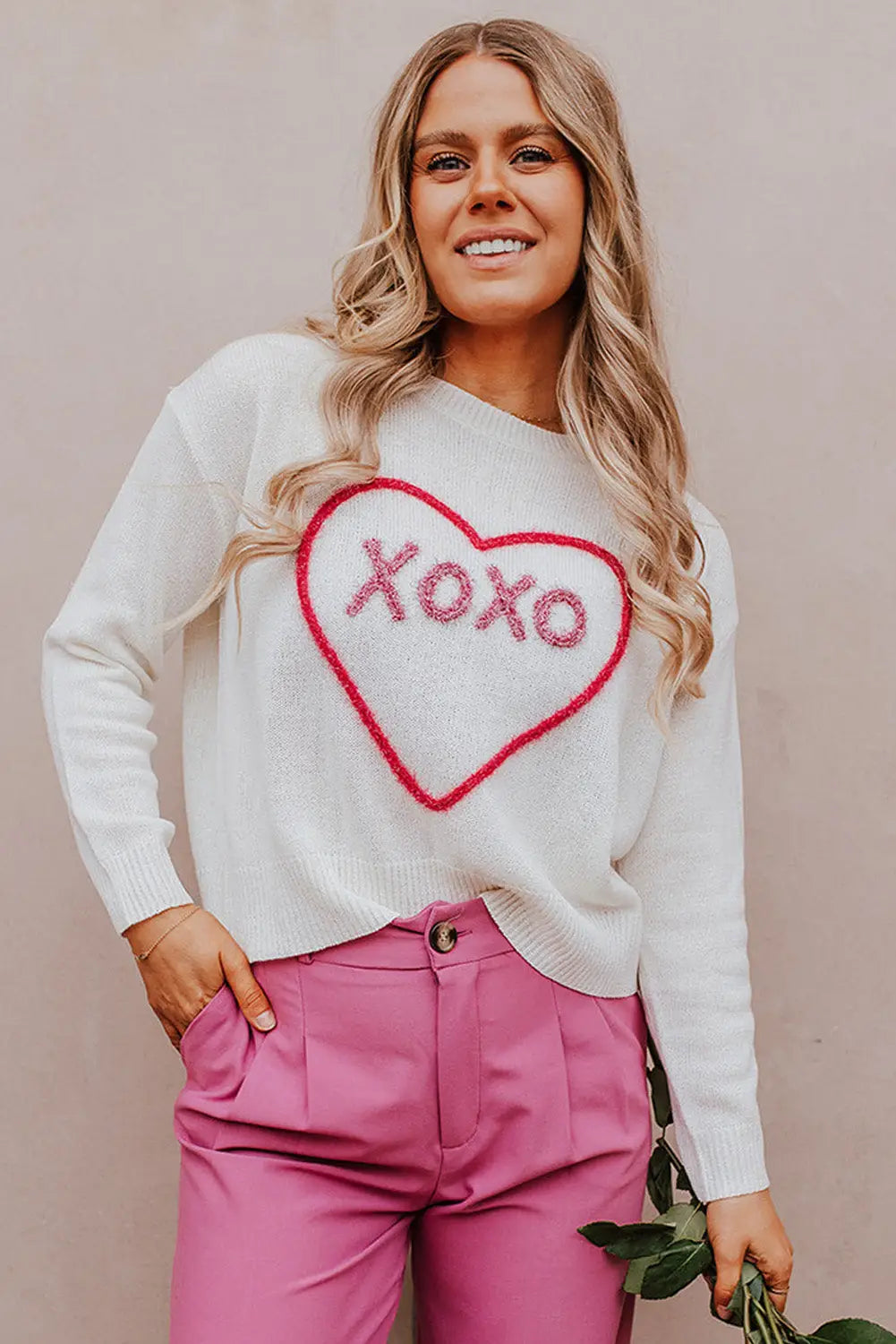 Rose heart xoxo pattern drop shoulder rib knit sweater - sweaters & cardigans