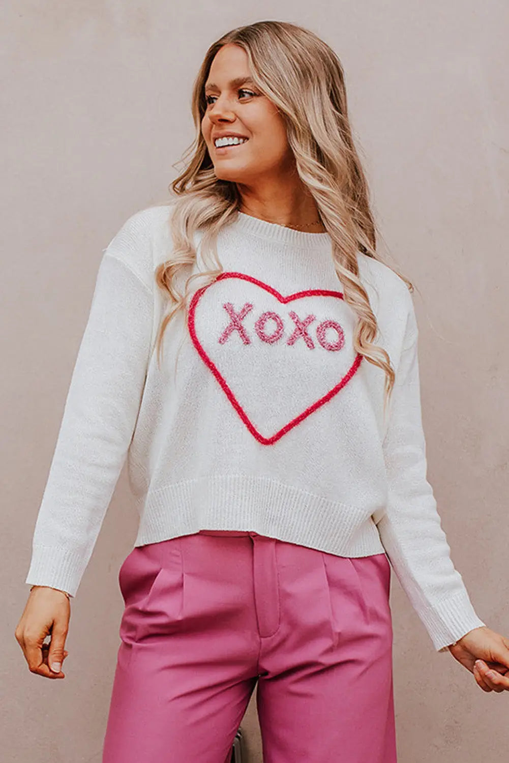 Rose heart xoxo pattern drop shoulder rib knit sweater - sweaters & cardigans