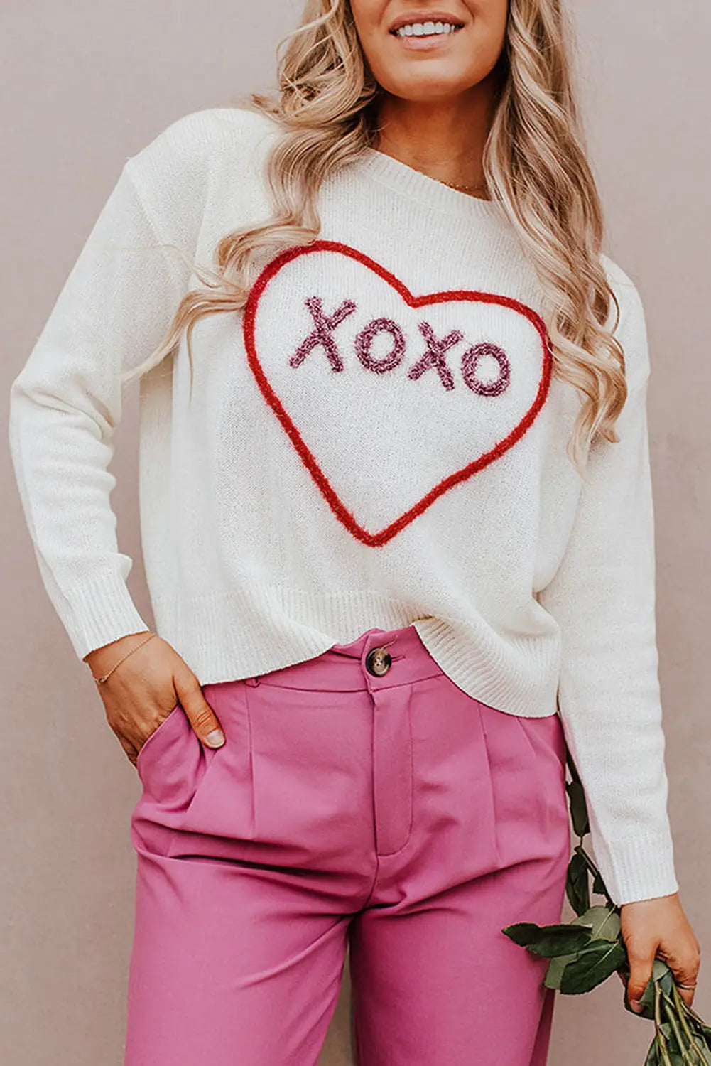 Rose heart xoxo pattern drop shoulder rib knit sweater - white / l 55% acrylic + 45% cotton sweaters & cardigans