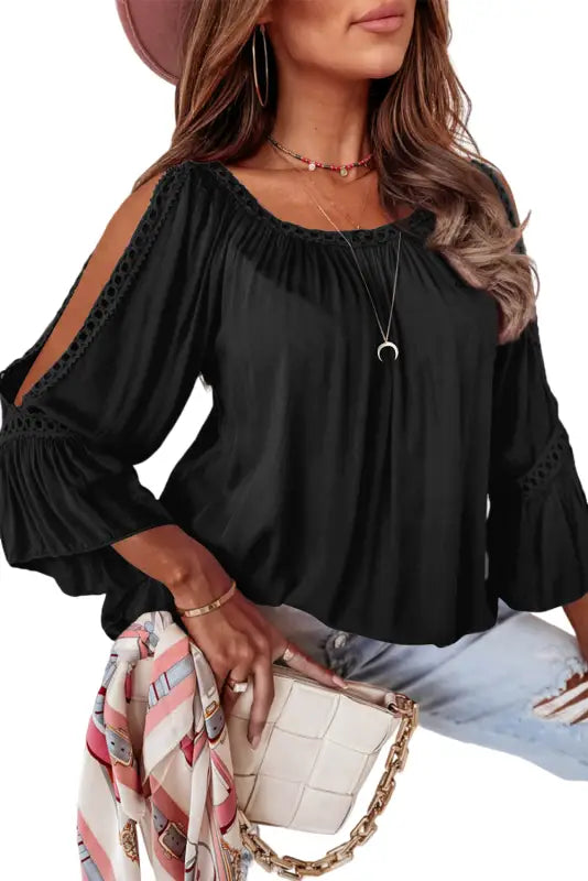 Rose lace crochet cut-out bracelet sleeve ruffle blouse - tops