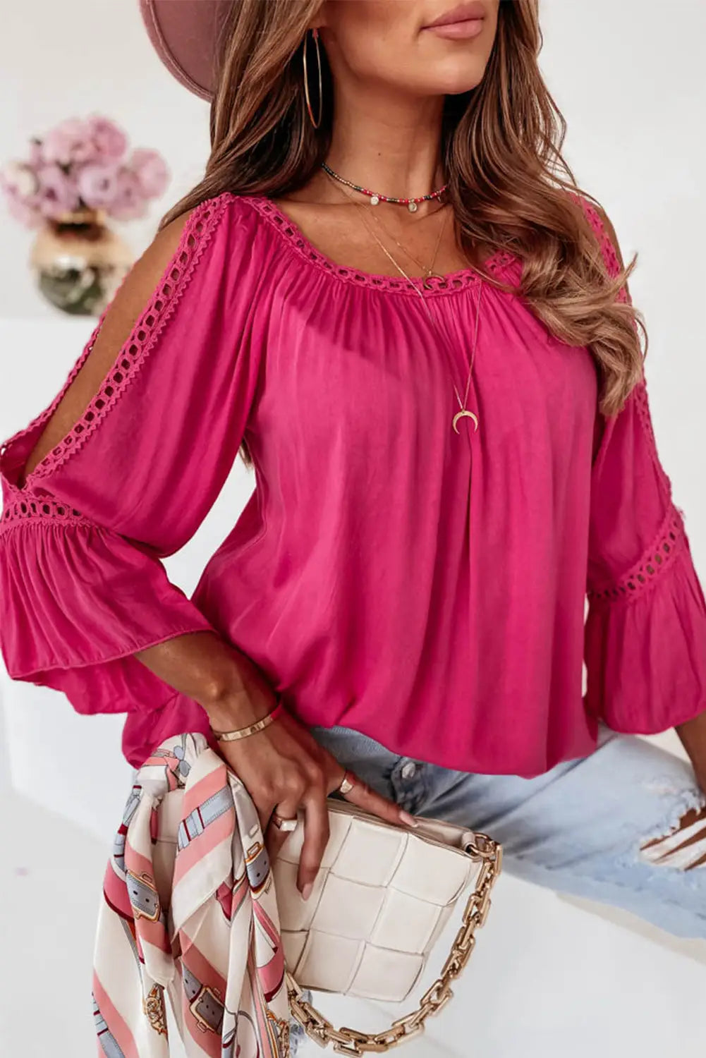 Rose lace crochet cut-out bracelet sleeve ruffle blouse - s / 50% polyester + 50% viscose - tops