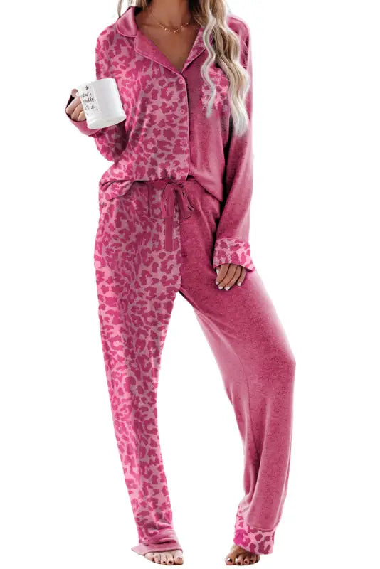 Rose leopard contrast pocket long pajama set - loungewear