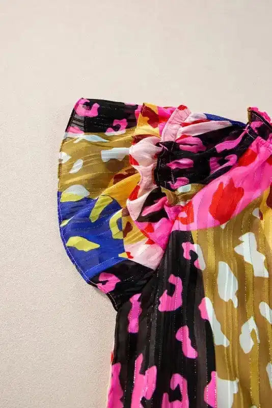 Rose Leopard Flutter Sleeve Crinkled Blouse - Fashionfitz