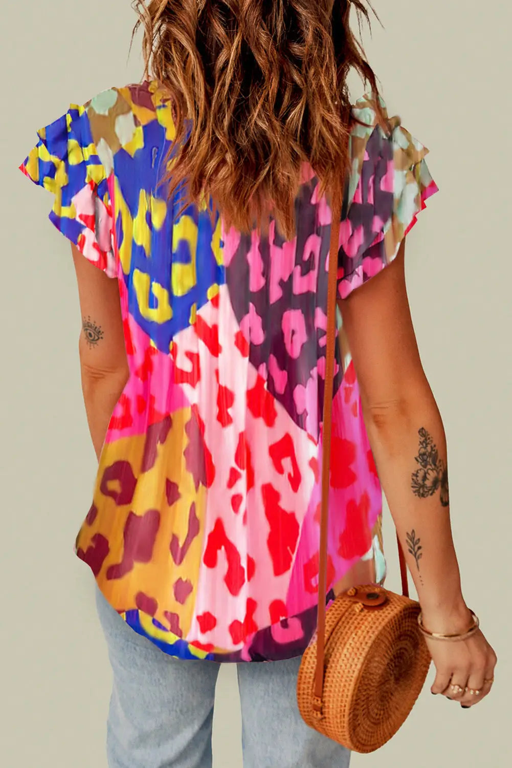 Rose leopard flutter sleeve crinkled blouse - short blouses