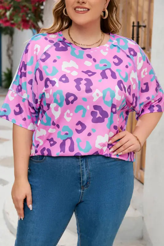 Rose leopard kiss print plus size short sleeve tee