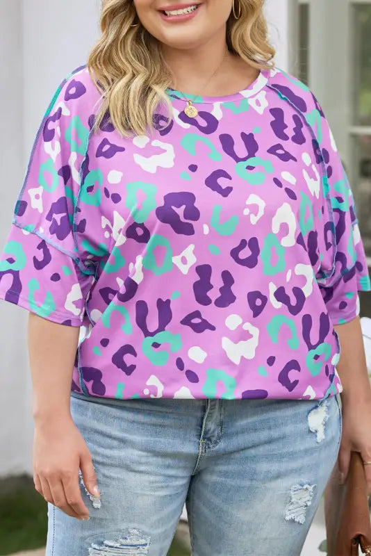 Rose leopard kiss print plus size short sleeve tee