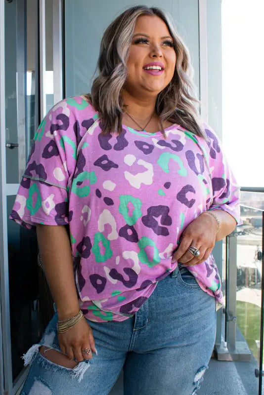 Rose leopard kiss print plus size short sleeve tee