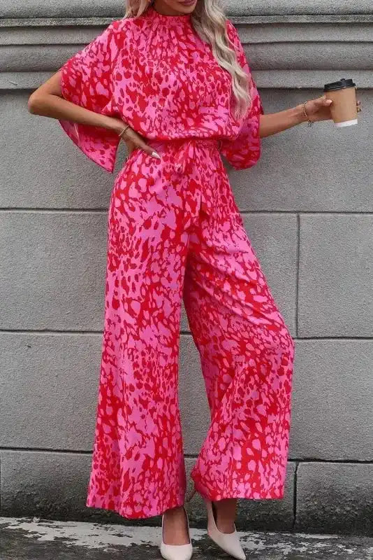 Rose leopard loose fit jumpsuit front view — Fashionfitz UK