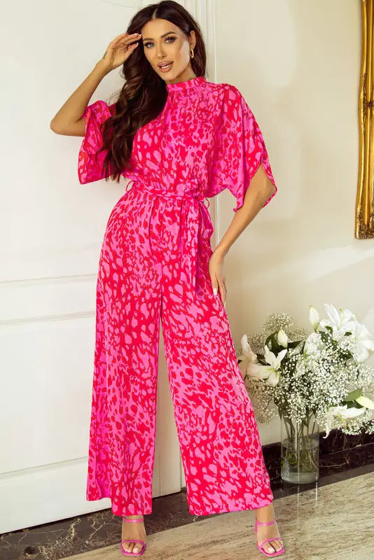 Rose leopard loose jumpsuit - s / 100% polyester - jumpsuits