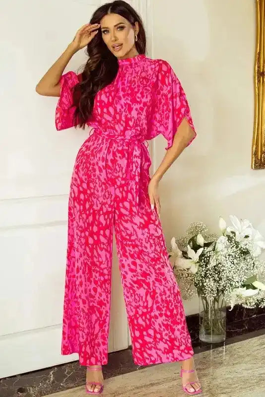Rose leopard loose jumpsuit back view — Fashionfitz UK