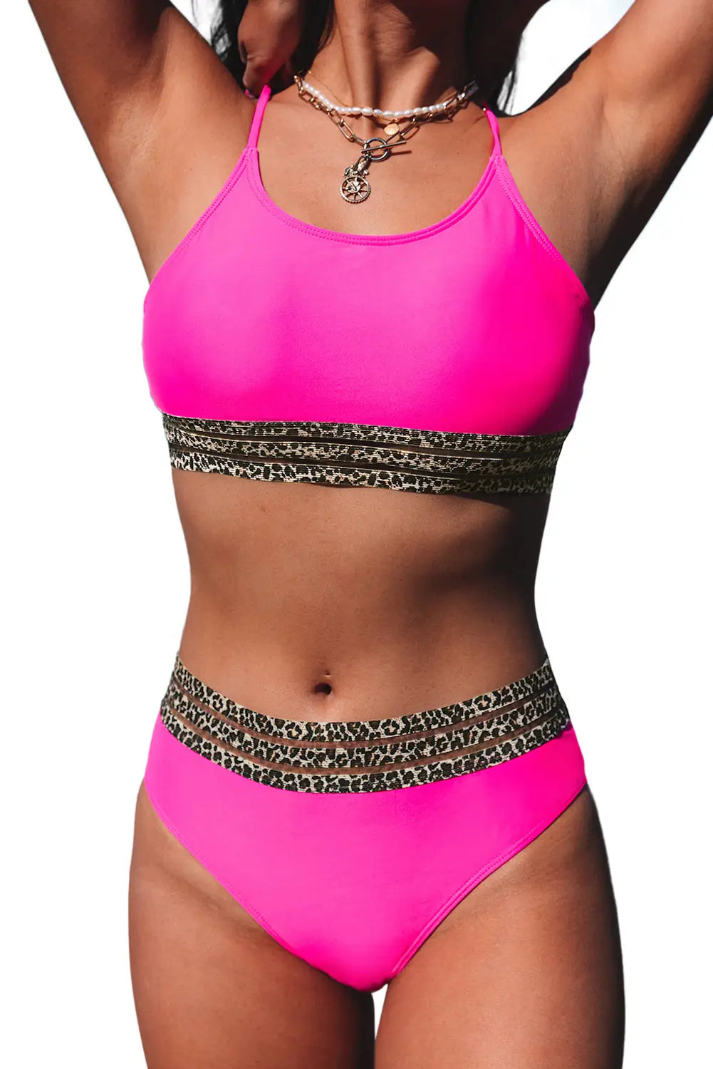 Rose leopard mesh trim 2pcs bikini swimsuit - bikinis