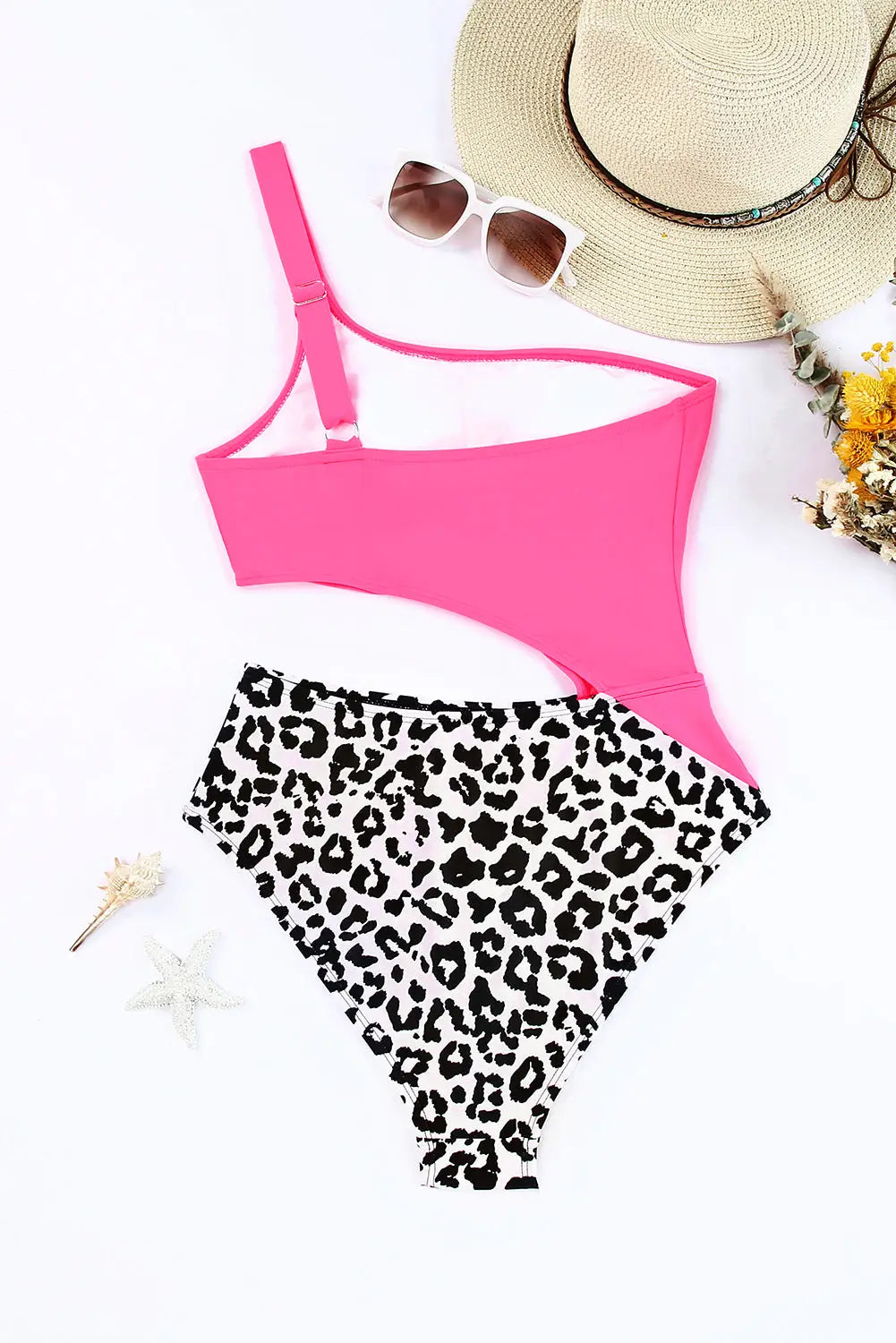 Rose leopard patchwork asymmetric cutout one piece swimsuit - swimsuits