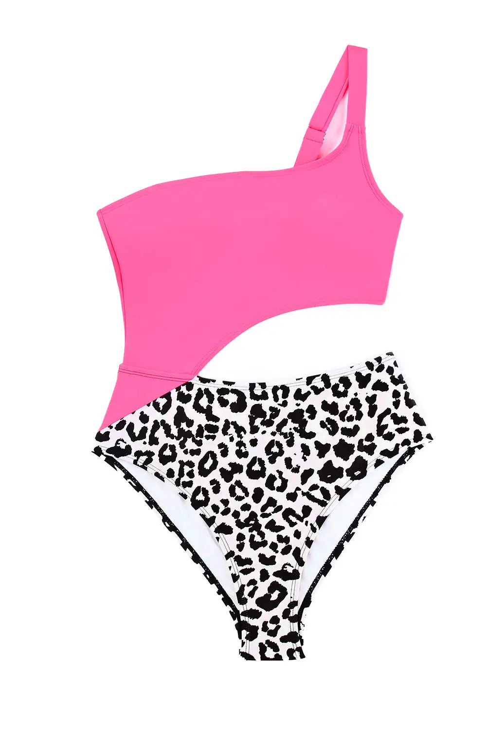 Rose leopard patchwork asymmetric cutout one piece swimsuit - swimsuits