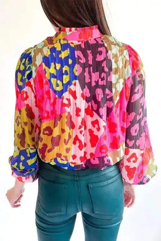 Rose Leopard Patchwork Print Pleated Blouse - Fashionfitz