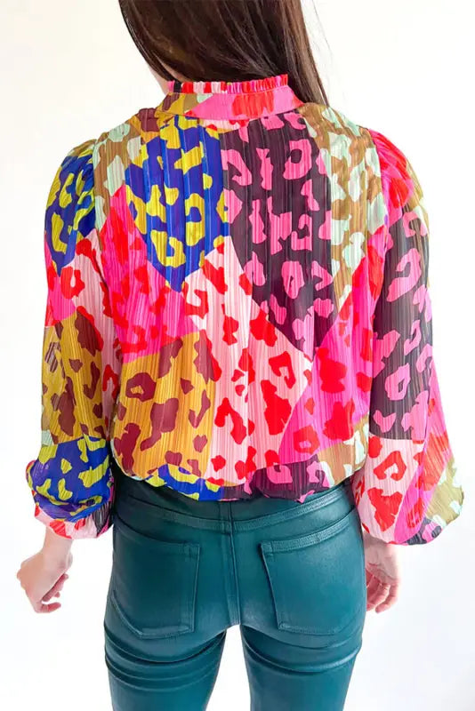 Rose leopard patchwork print pleated blouse - blouses & shirts