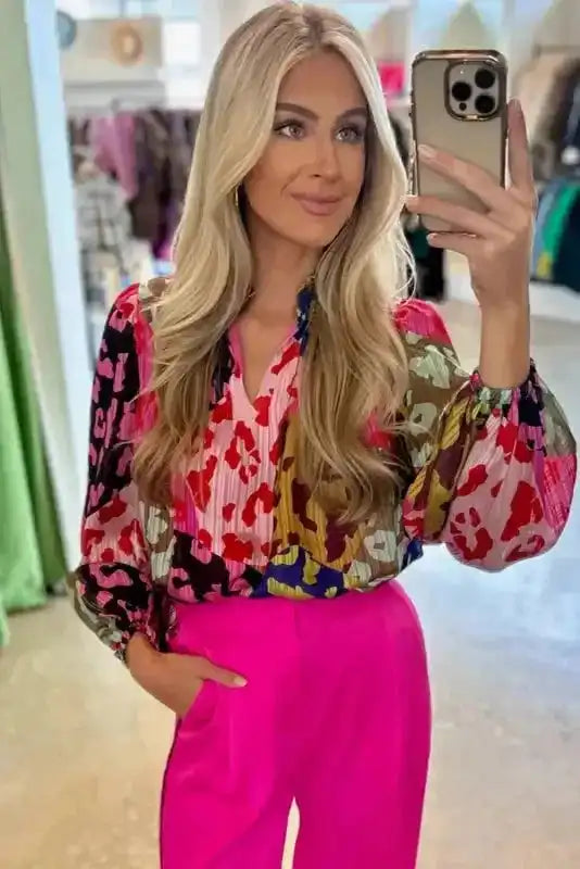 Rose Leopard Patchwork Print Pleated Blouse - Fashionfitz