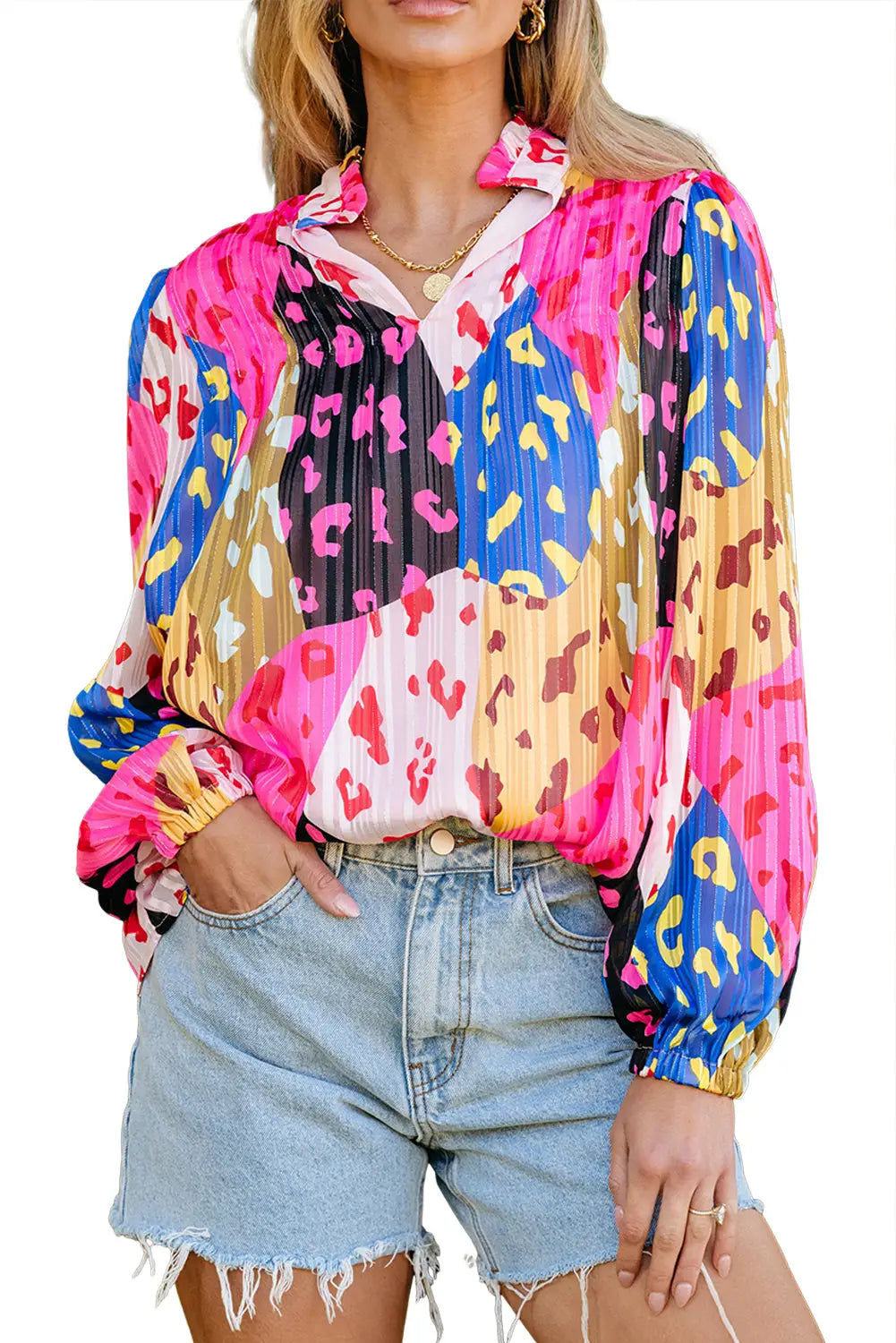 Rose leopard patchwork print pleated blouse - blouses & shirts