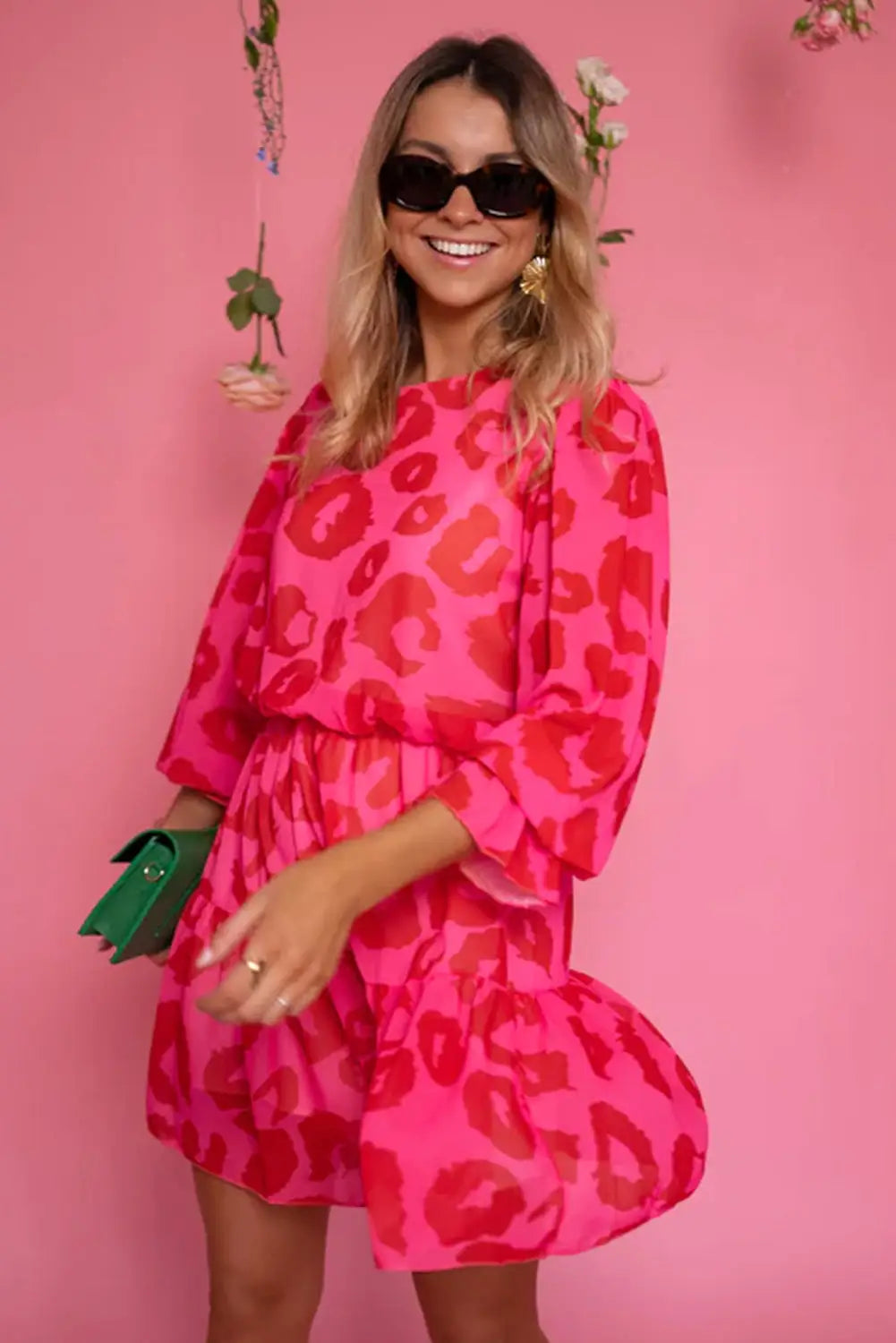 Rose leopard print flounce sleeve ruffle mini dress - dresses