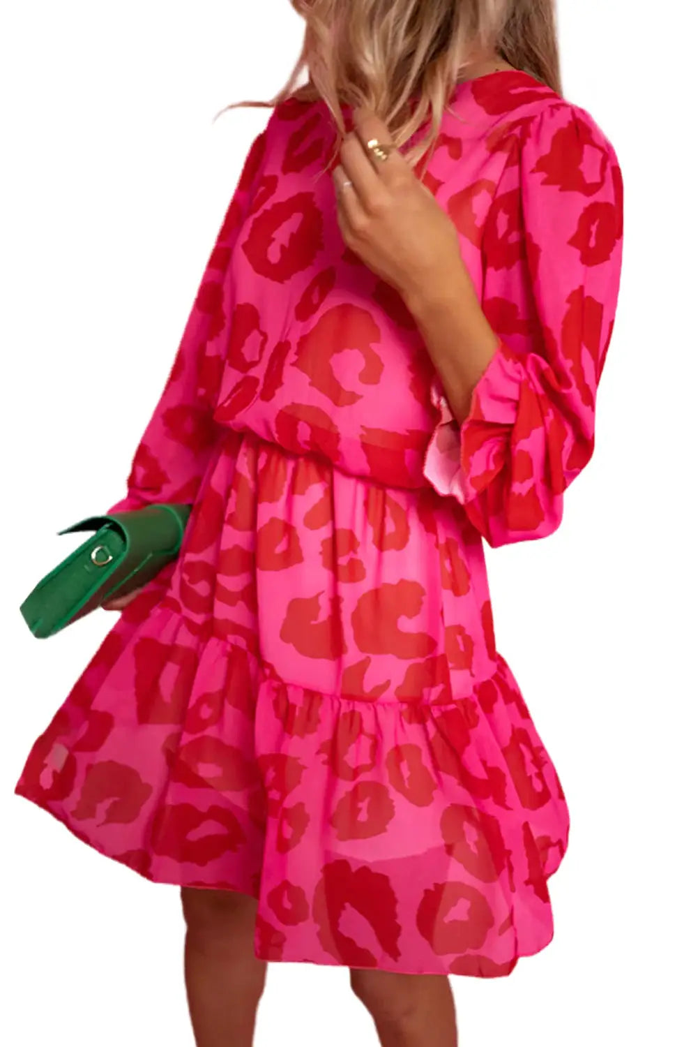 Rose leopard print flounce sleeve ruffle mini dress - dresses