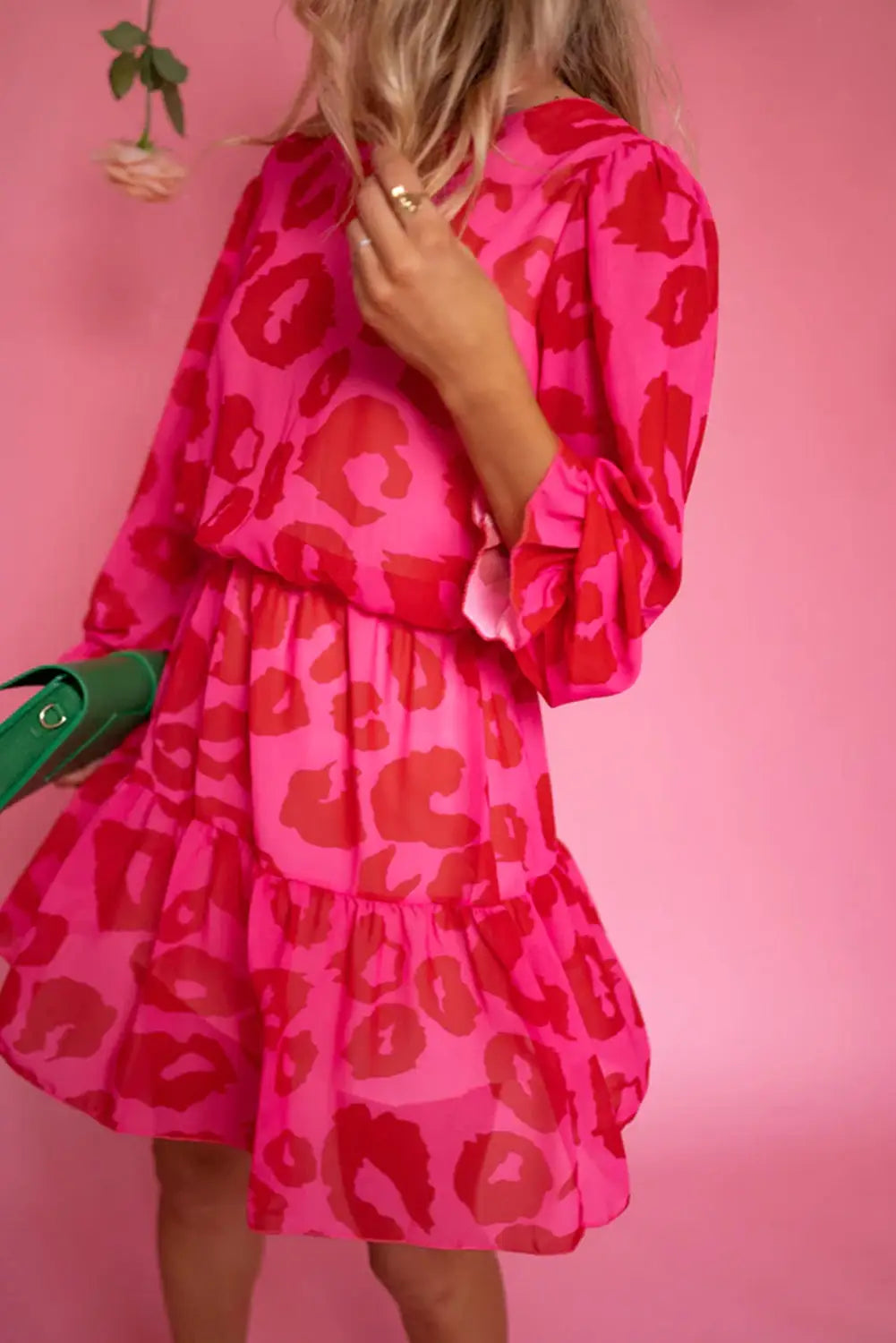 Rose leopard print flounce sleeve ruffle mini dress - s / 100% polyester - dresses