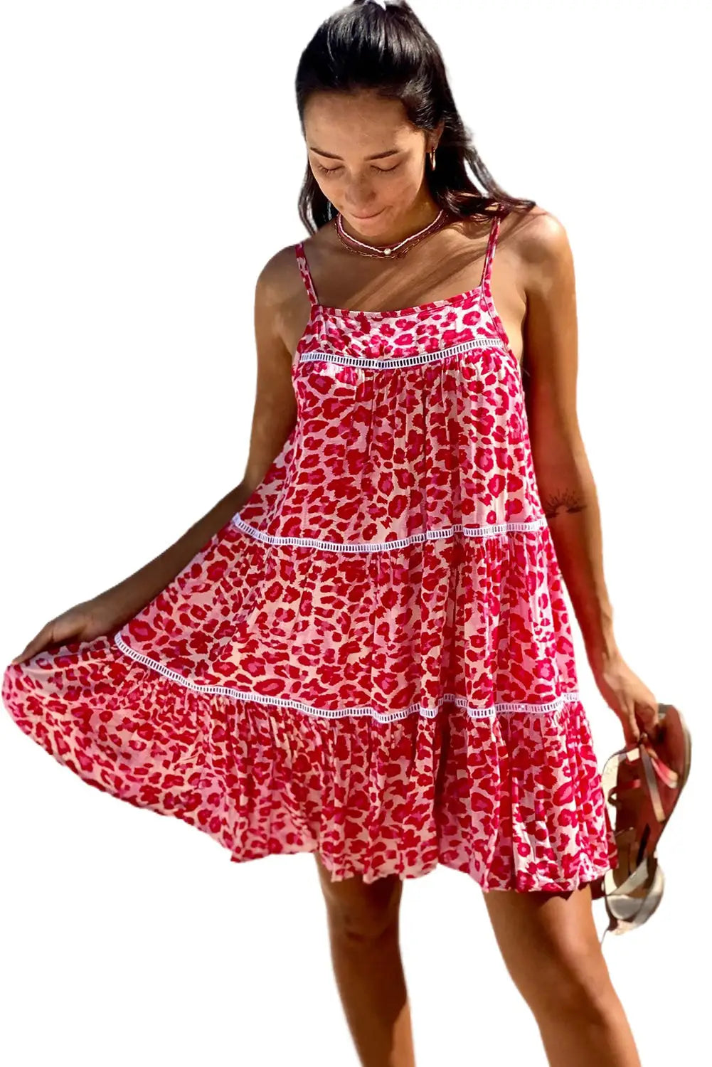 Rose leopard print lace trim flared sundress - mini dresses