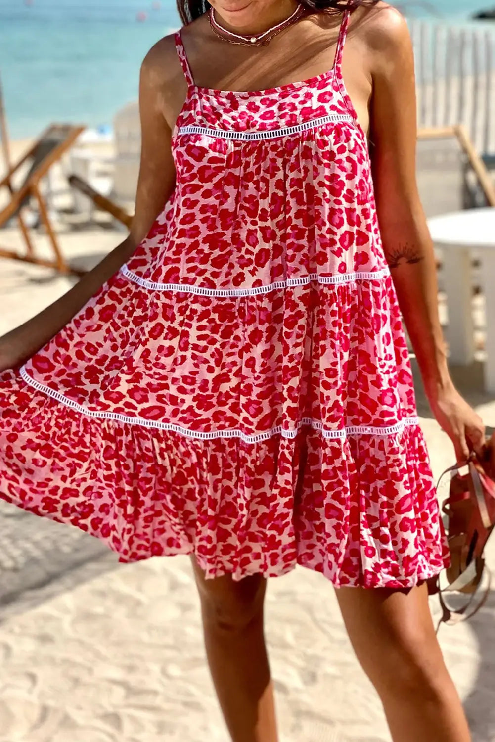 Rose leopard print lace trim flared sundress - l / 100% viscose - mini dresses