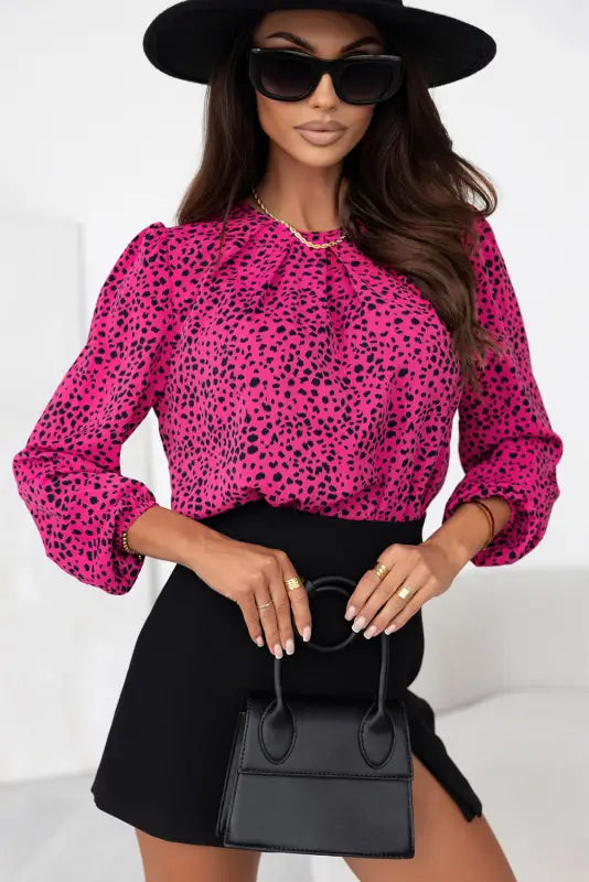 Rose leopard print pleated blouse with keyhole - s / 100% polyester - tops