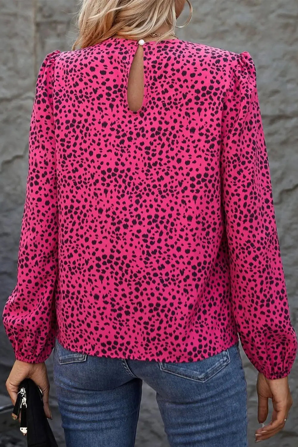 Rose leopard print pleated blouse with keyhole - tops