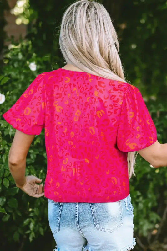 Rose leopard printed puff sleeve top - tops/tops & tees