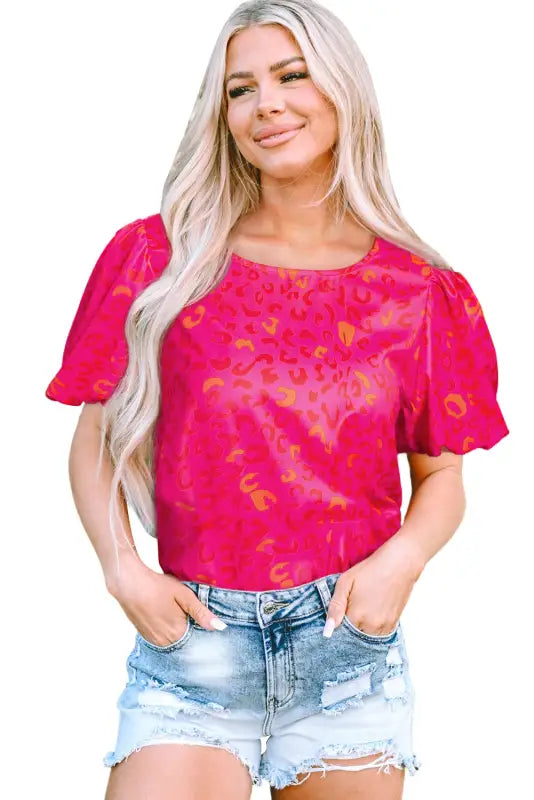 Rose leopard printed puff sleeve top - tops/tops & tees